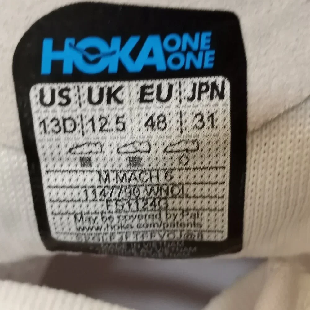 HOKA ONE ONE MACH 6 RUNNNG SHOE WHITE MEN SIZE 13 NEW